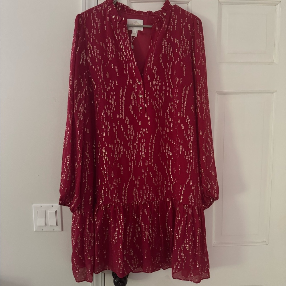 Lilly Pulitzer Red Silk and metallic Long Sleeve Dress